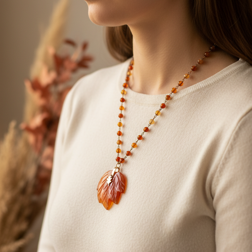 Model wearing the Carnelian leaf beaded necklace with copper wire and warm autumn styling