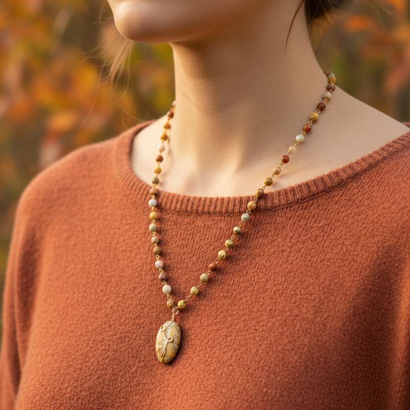 Model wearing the jasper oval pendant necklace with jasper beads