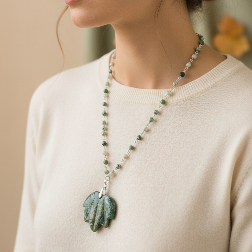 Model wearing the green jasper maple leaf necklace with tree agate beads and silver-coated wire