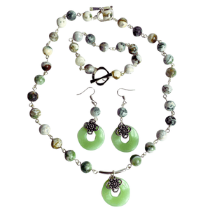 Jade colour Asian - inspired natural tree agate necklace set - Llandere Jewelry
