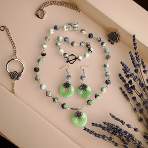 Jade colour Asian - inspired natural tree agate necklace set - Llandere Jewelry