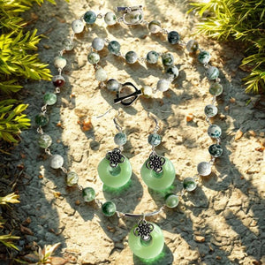 Jade colour Asian - inspired natural tree agate necklace set - Llandere Jewelry