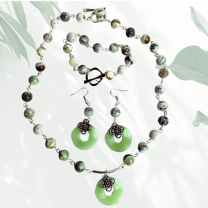 Jade colour Asian - inspired natural tree agate necklace set - Llandere Jewelry