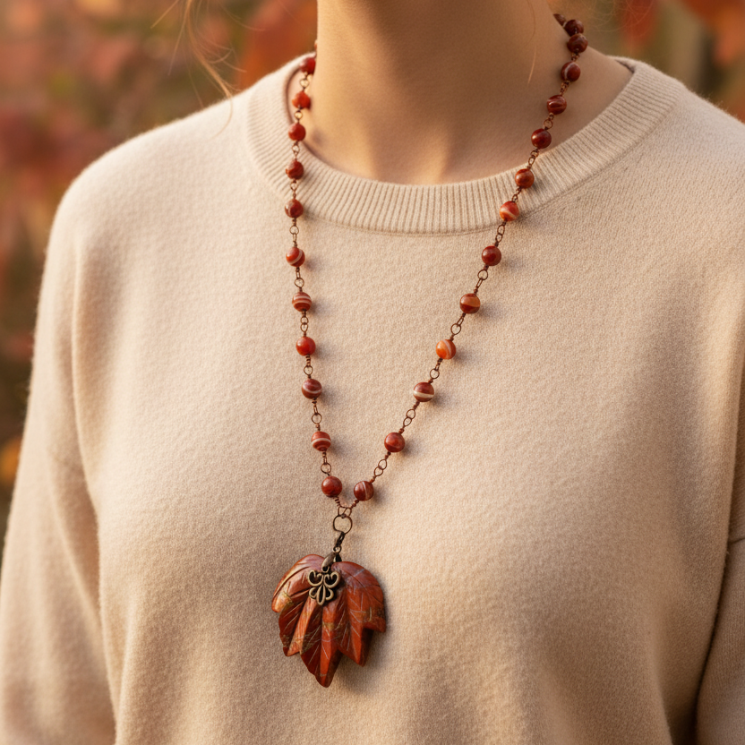 Jasper maple leaf necklace with red agate beads worn by a model