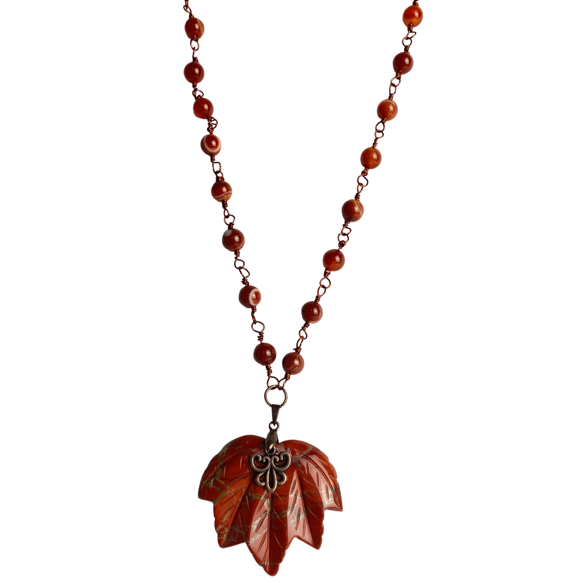 Jasper Maple Leaf Pendant Necklace with Red Agate Beads - Llandere Jewelry