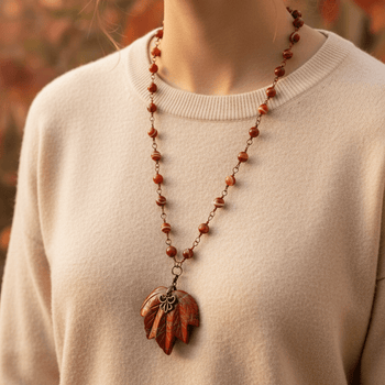 Jasper Maple Leaf Pendant Necklace with Red Agate Beads - Llandere Jewelry