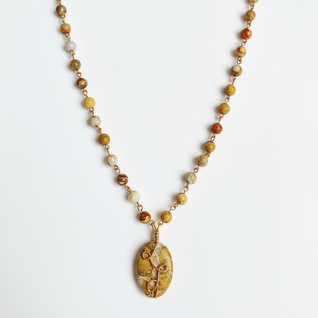 Jasper Oval Pendant Necklace with Jasper Beads - Llandere Jewelry