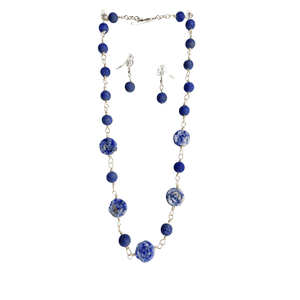 Lapis Lazuli Rose Necklace and Earring Set with Sodalite Beads - Llandere Jewelry