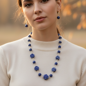 Lapis Lazuli rose necklace and earring set worn by a model