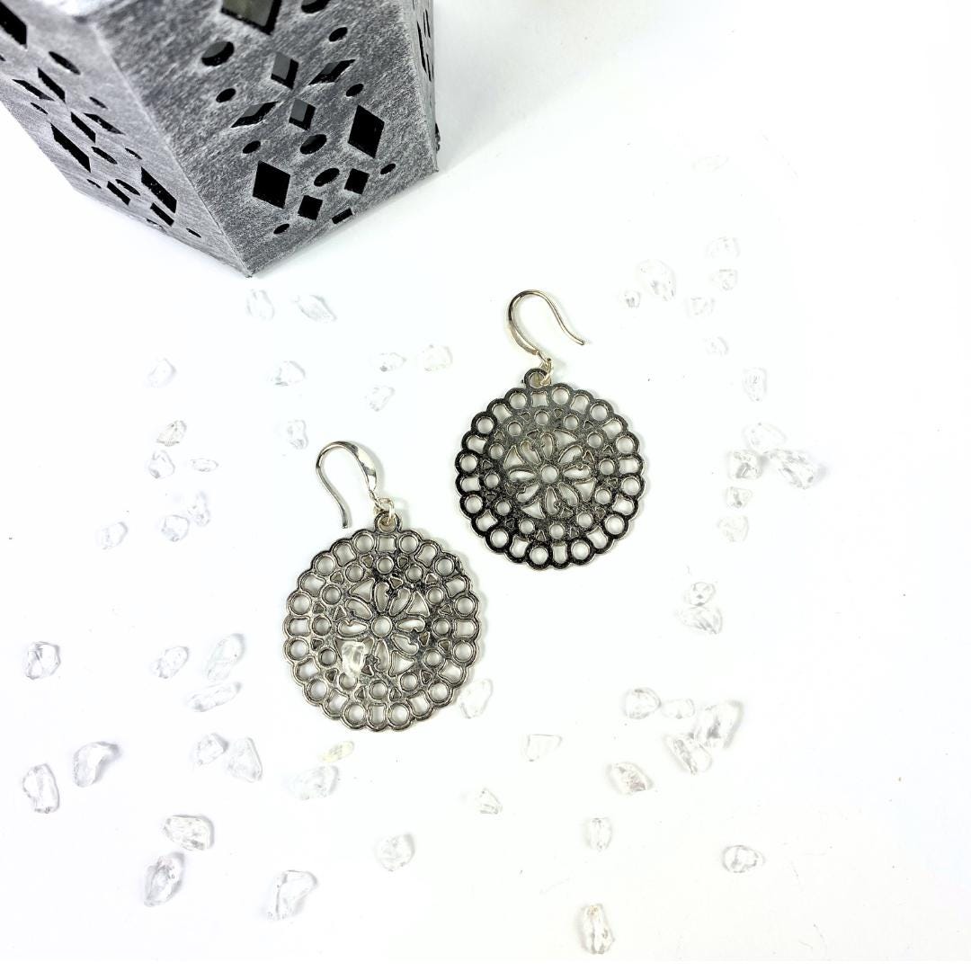 Mandala Silver Drop Earrings: Intricate Boho Elegance - Llandere Jewelry
