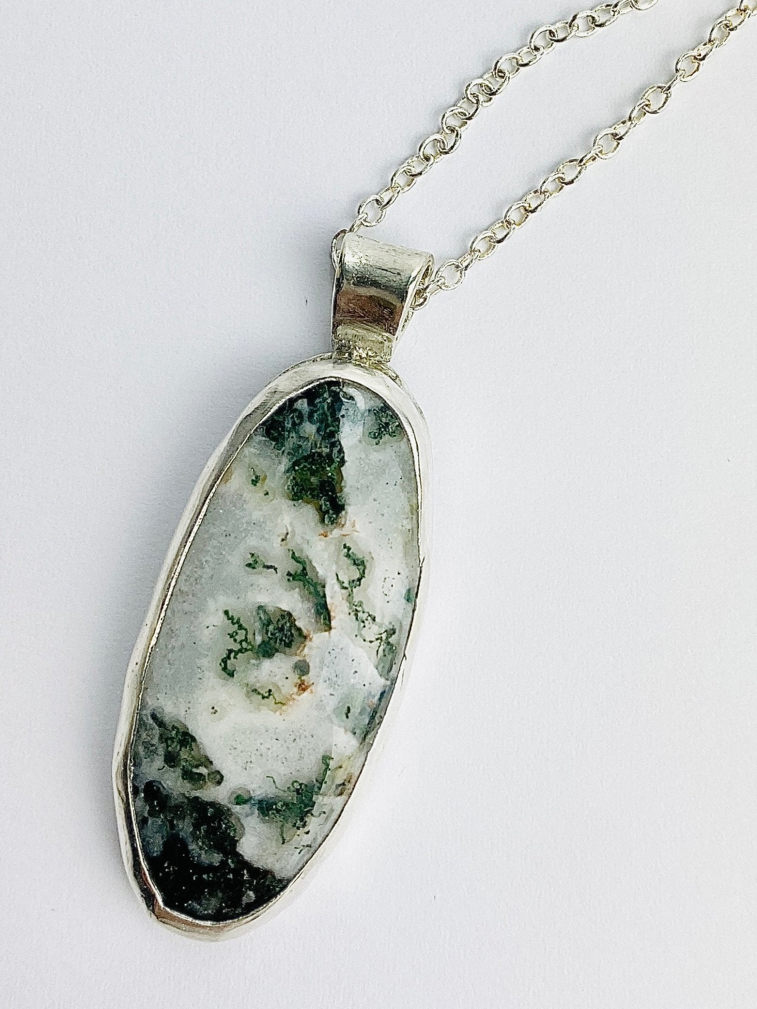 Moss Agate Oval Pendant Necklace in Sterling Silver - Llandere Jewelry