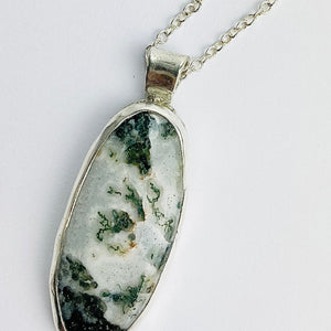 Moss Agate Oval Pendant Necklace in Sterling Silver - Llandere Jewelry