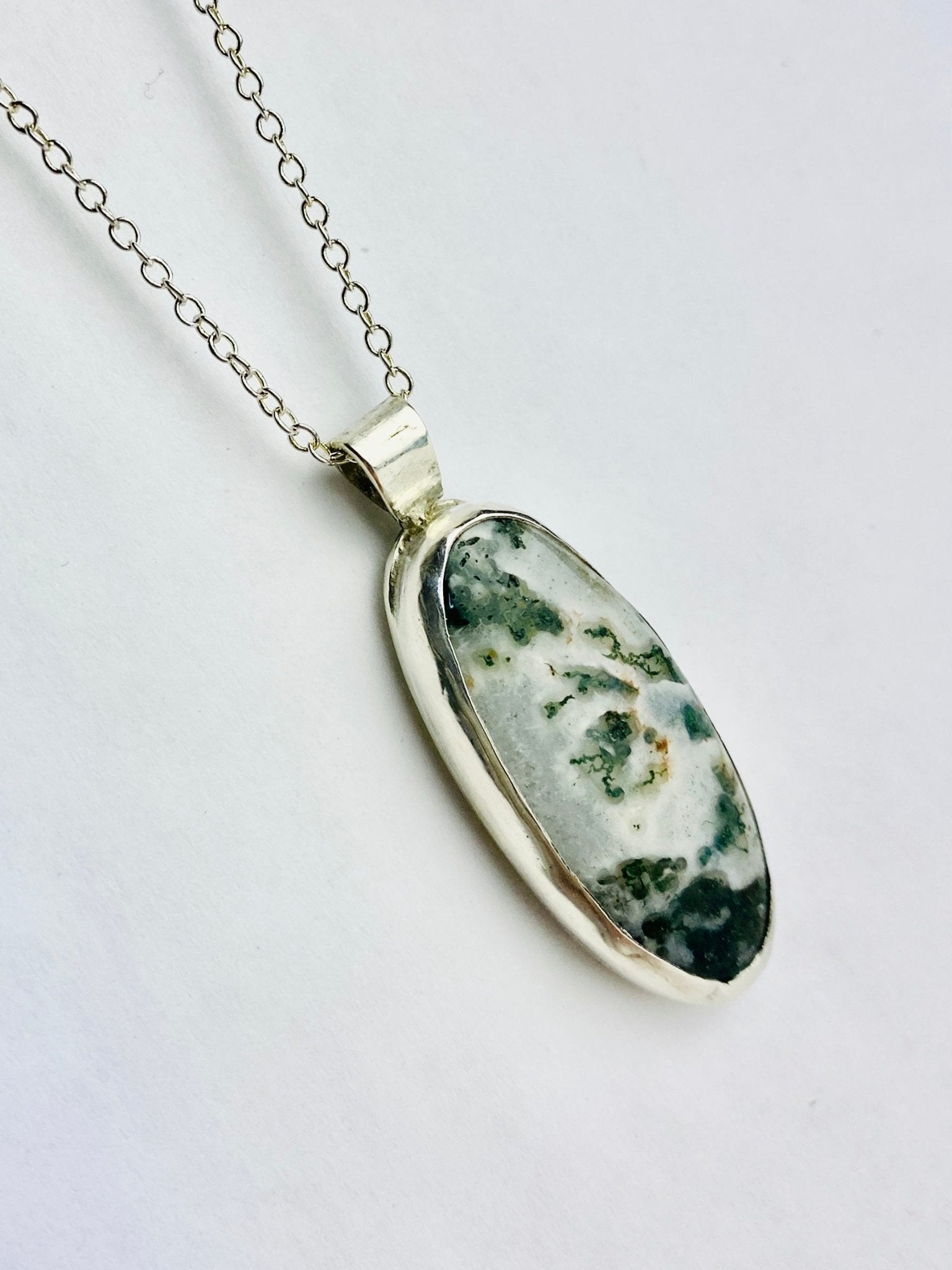 Moss Agate Oval Pendant Necklace in Sterling Silver - Llandere Jewelry