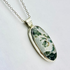 Moss Agate Oval Pendant Necklace in Sterling Silver - Llandere Jewelry