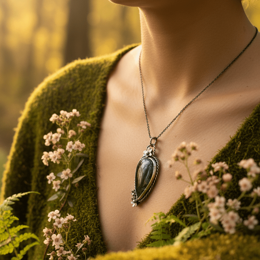 Moss Agate Patina Sterling Silver Pendant Necklace - Llandere Jewelry