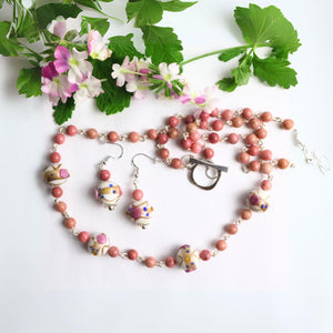 Pink rhodonite and lampwork bead necklace handmade - Llandere Jewelry