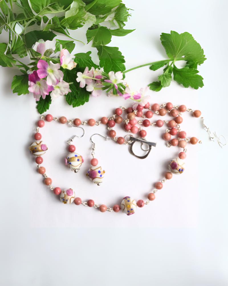 Pink rhodonite and lampwork bead necklace handmade - Llandere Jewelry