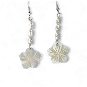 Plumeria Earrings Handmade Mother of Pearl Sterling Silver Floral Drops - Llandere Jewelry