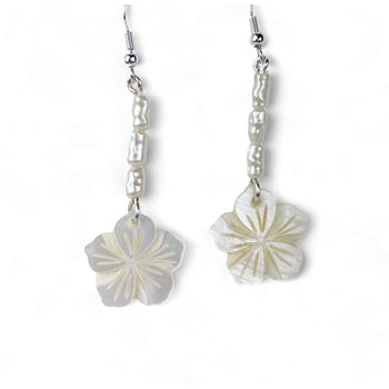 Plumeria Earrings Handmade Mother of Pearl Sterling Silver Floral Drops - Llandere Jewelry