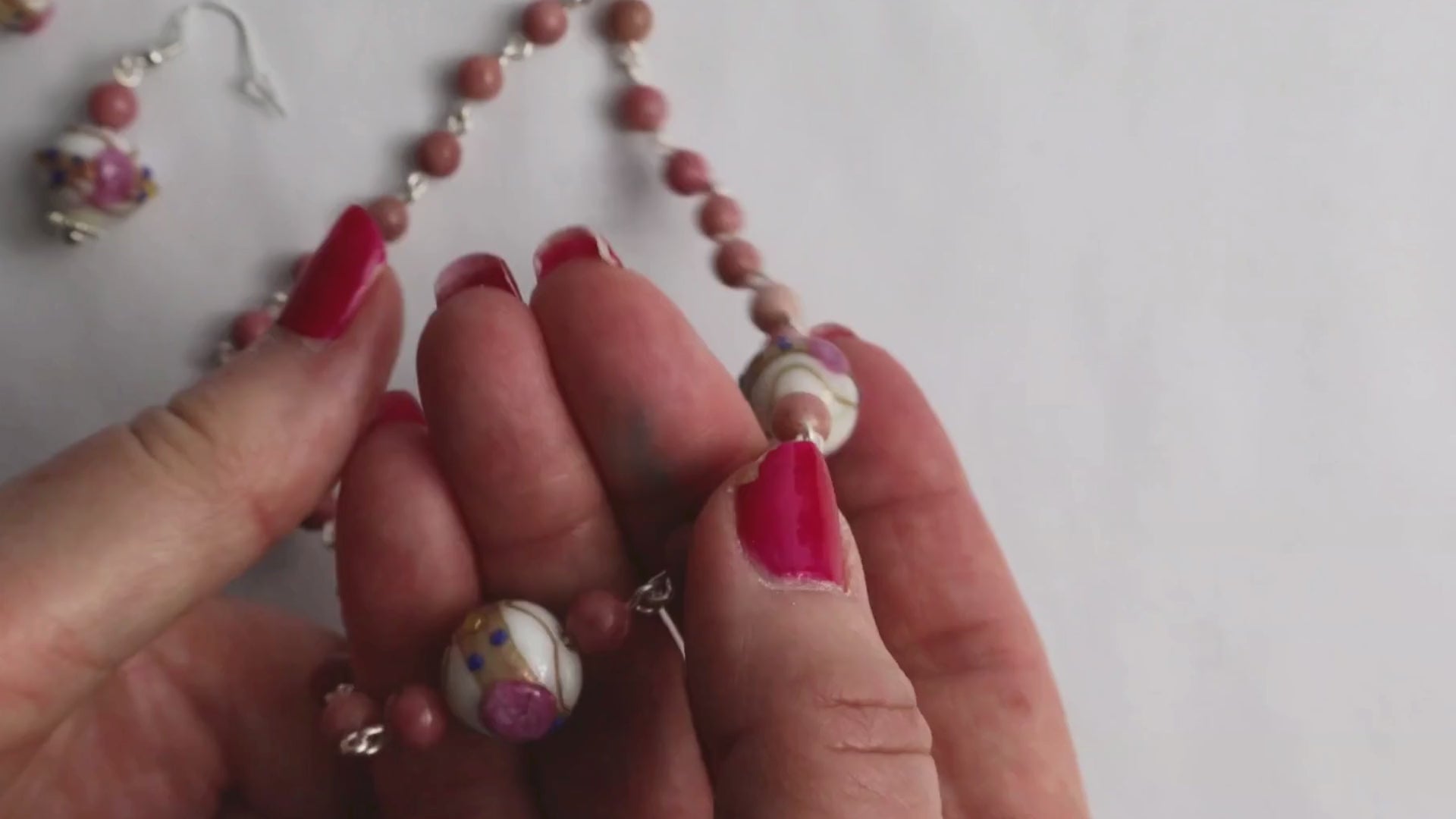 Rhodonite lampwork necklace set