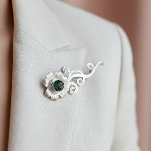 Shamrock Brooch sterling silver with real emerald chips set in resin - Llandere Jewelry