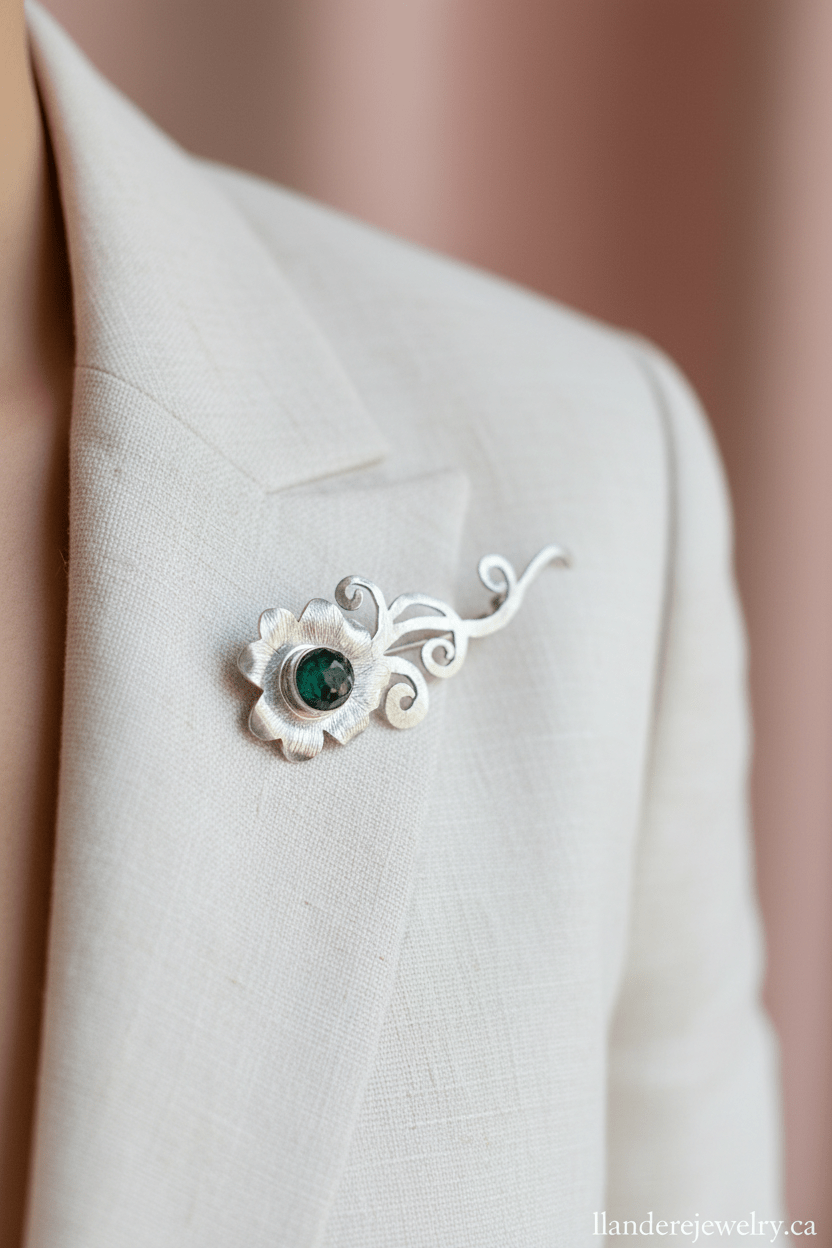 Shamrock Brooch sterling silver with real emerald chips set in resin - Llandere Jewelry