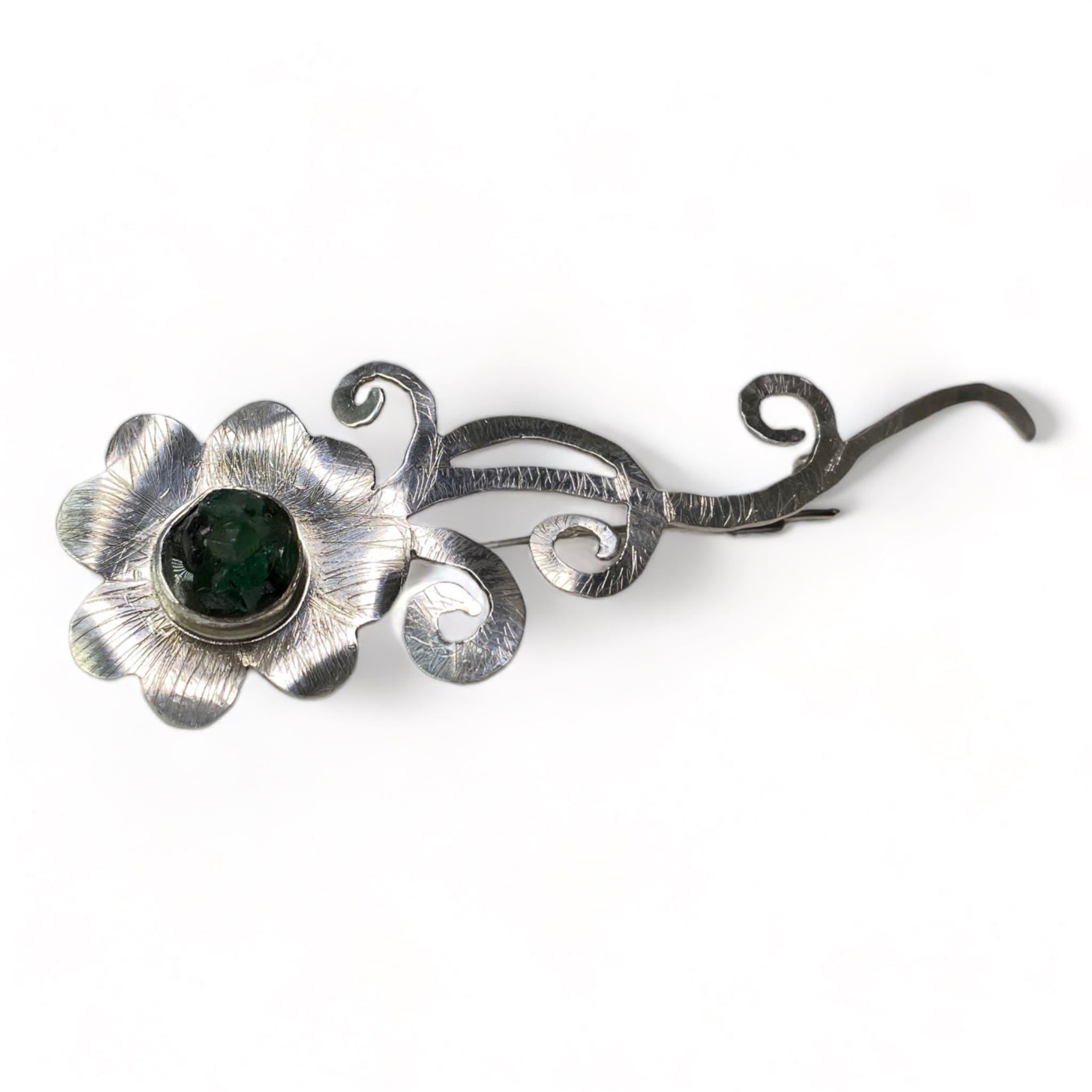 Shamrock Brooch sterling silver with real emerald chips set in resin| handmade| Llandere Jewelry - Llandere Jewelry