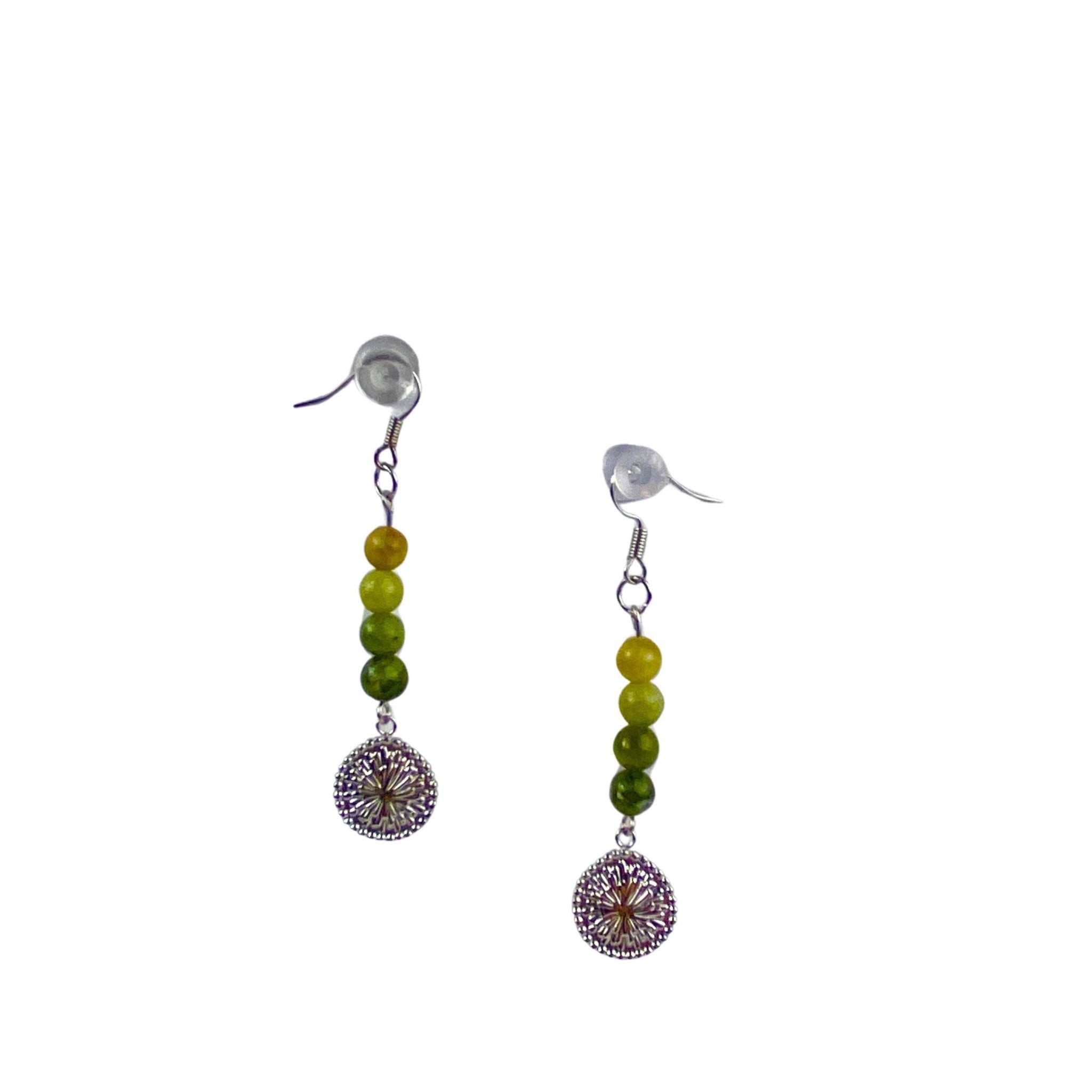 Silver Dandelion and Green Jasper Beaded Drop Earrings | Nature - Inspired Boho Jewelry - Llandere Jewelry