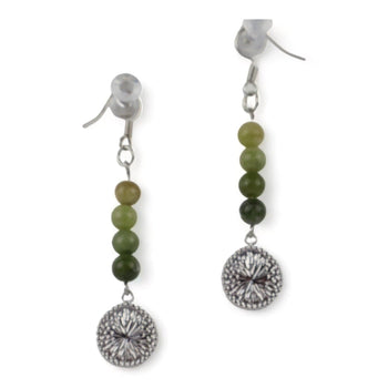 Silver Dandelion and Green Jasper Beaded Drop Earrings | Nature - Inspired Boho Jewelry - Llandere Jewelry