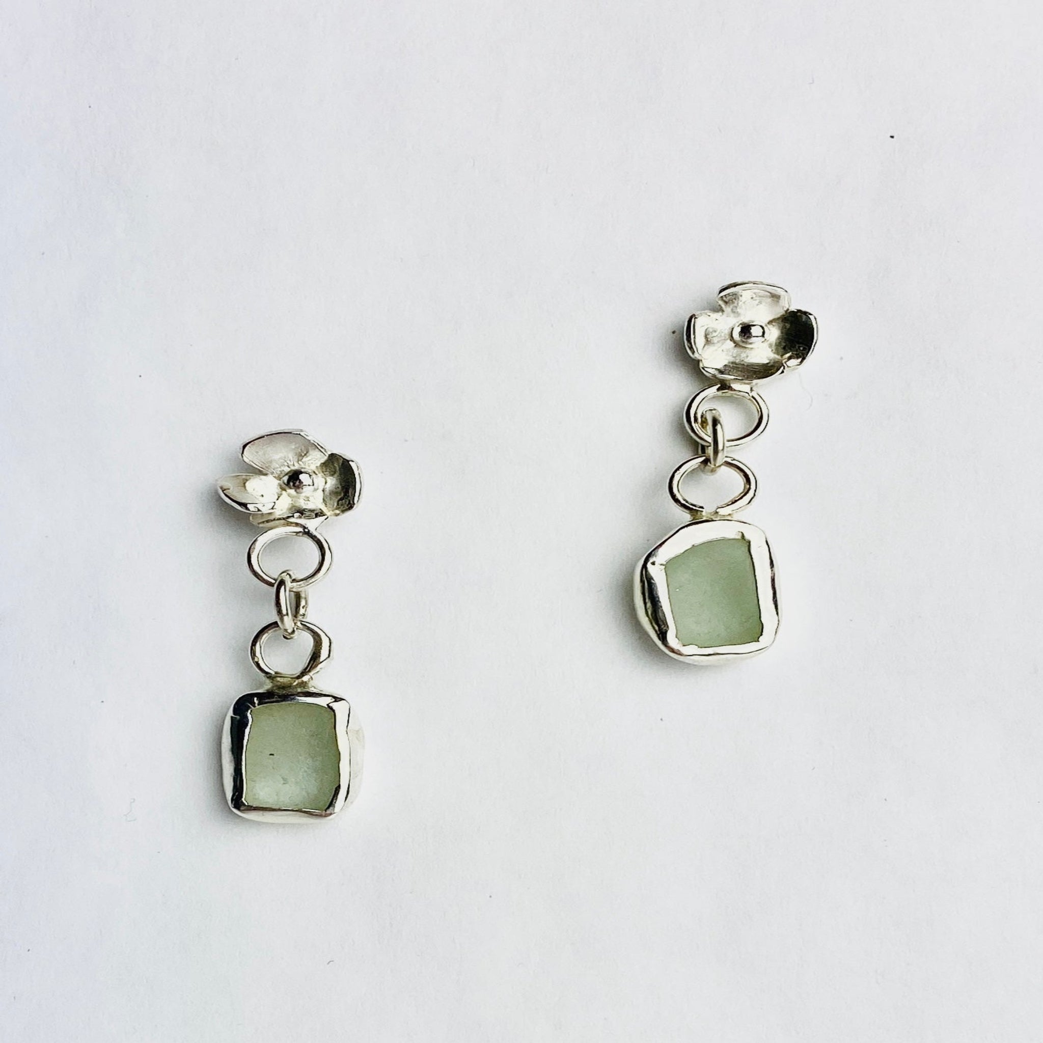 Sterling Silver 925 Flower Green Sea Glass Drop EarringsEarringsLlandere JewelryLlandere Jewelry