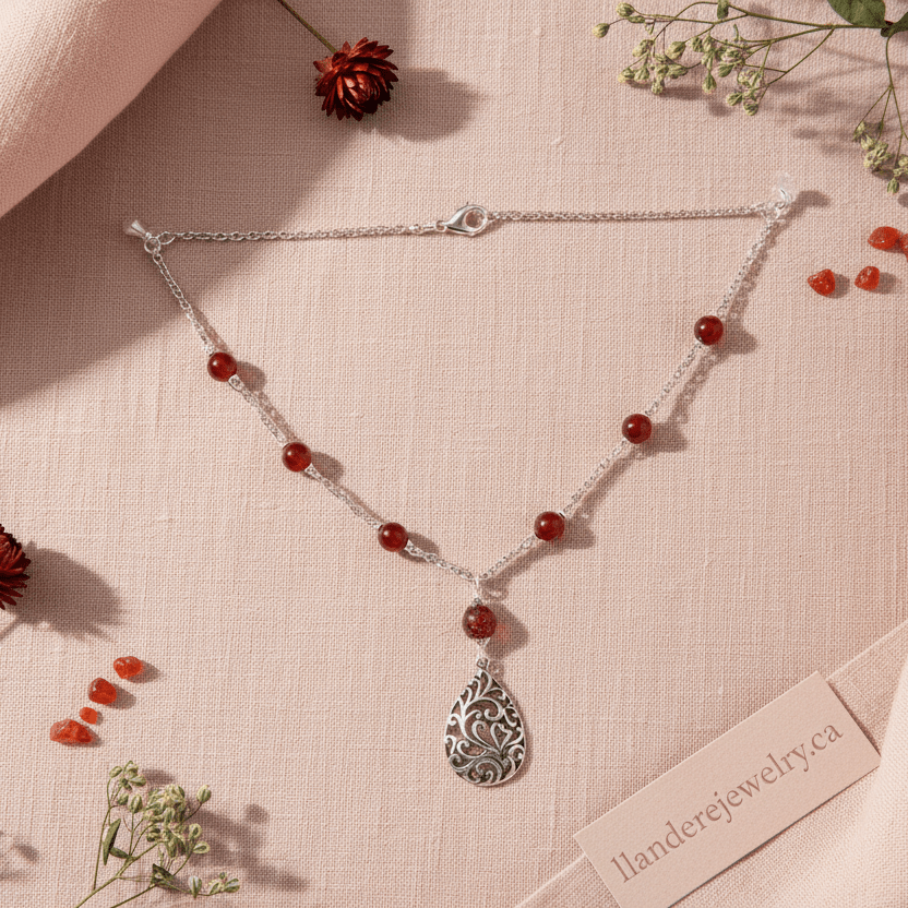 Teardrop Pendant Carnelian Bead Necklace - Llandere Jewelry