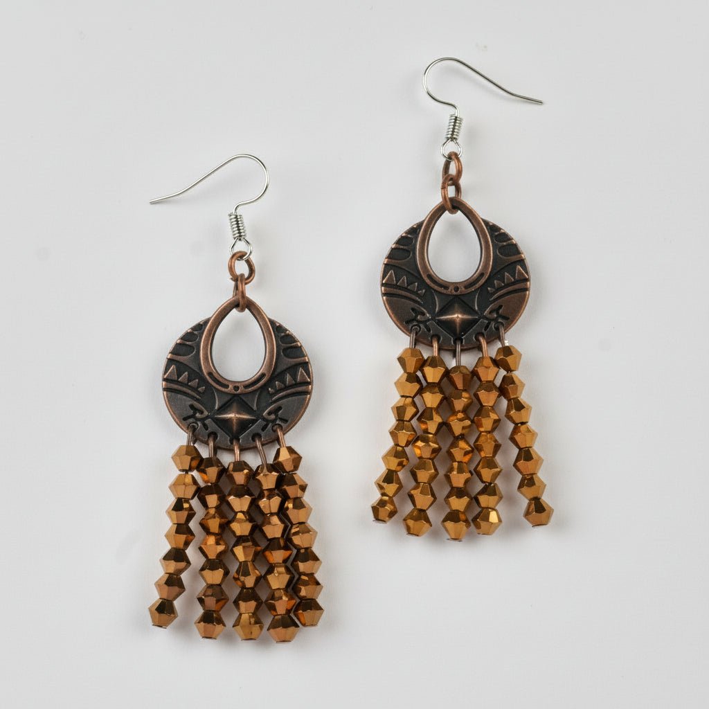 Tibetan style earrings with copper coloured glass crystal bicone beads - Llandere Jewelry