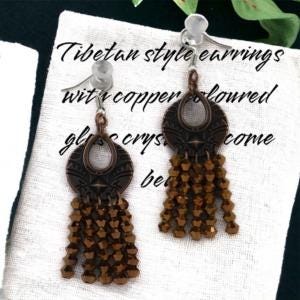 Tibetan style earrings with copper coloured glass crystal bicone beads - Llandere Jewelry