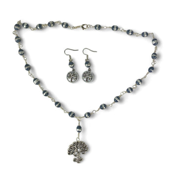 Tree of Life Pendant Necklace & Earrings Set with Coventry Blue Beads| Handmade | Llandere Jewelry - Llandere Jewelry