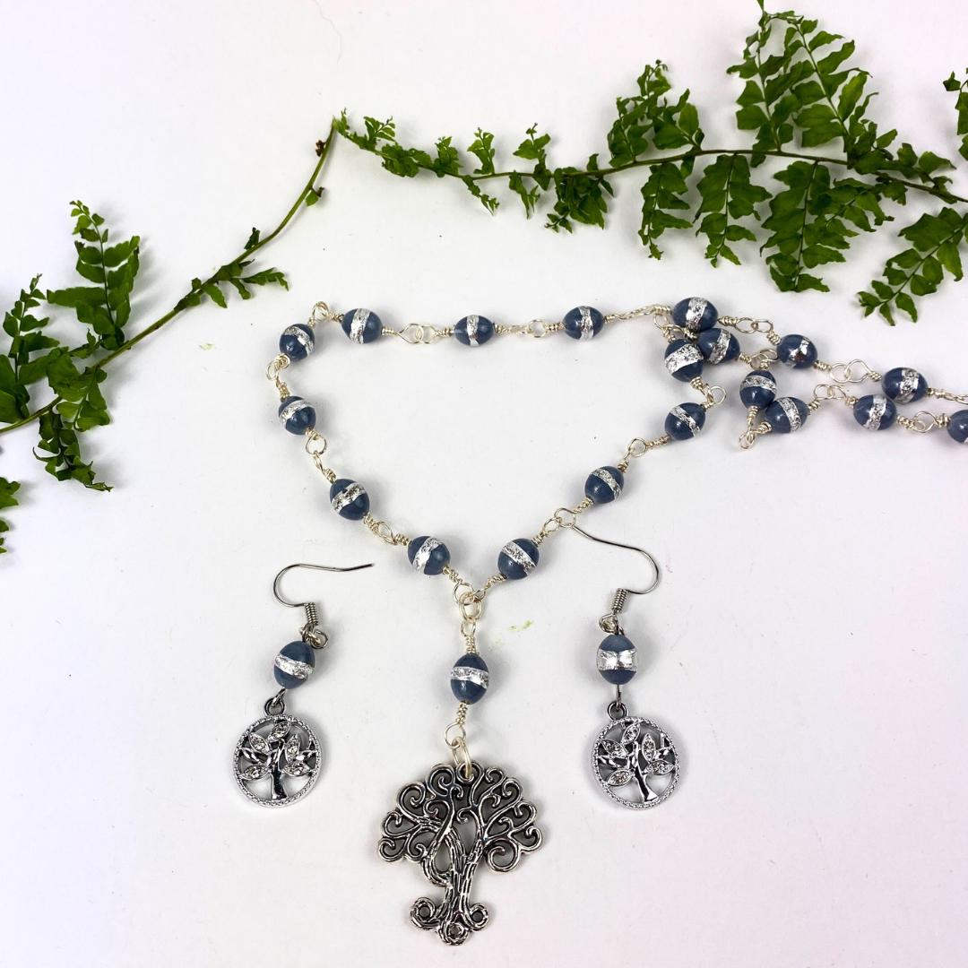 Tree of Life Pendant Necklace & Earrings Set with Coventry Blue Beads| Handmade | Llandere Jewelry - Llandere Jewelry